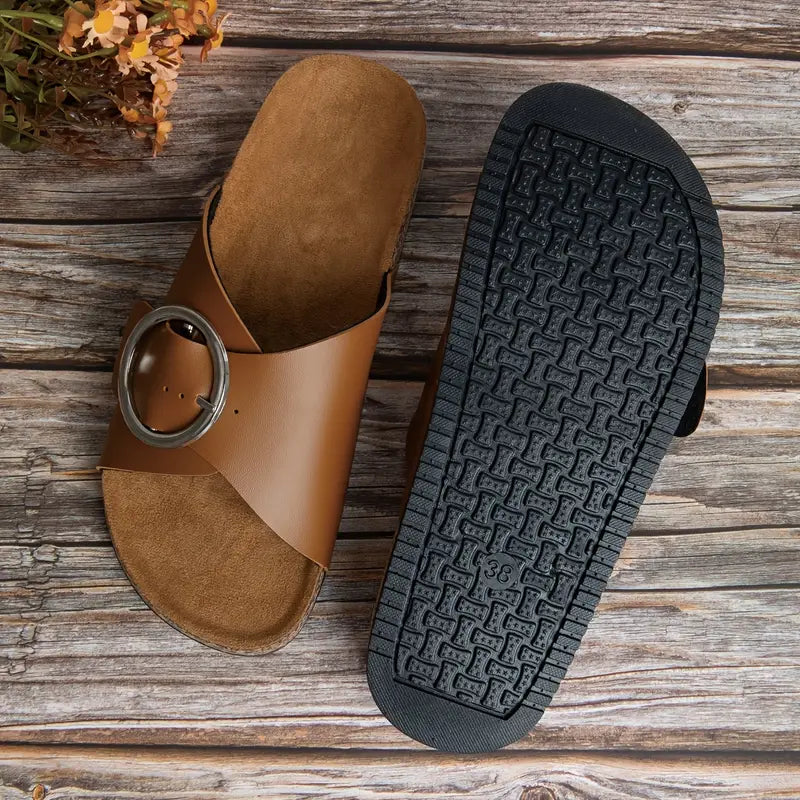 TerraEase Women’s Casual Brown Faux Leather Slip-On Sandals