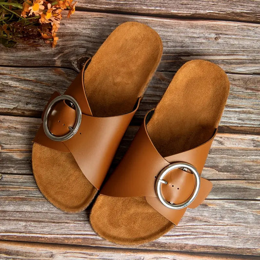 TerraEase Women’s Casual Brown Faux Leather Slip-On Sandals