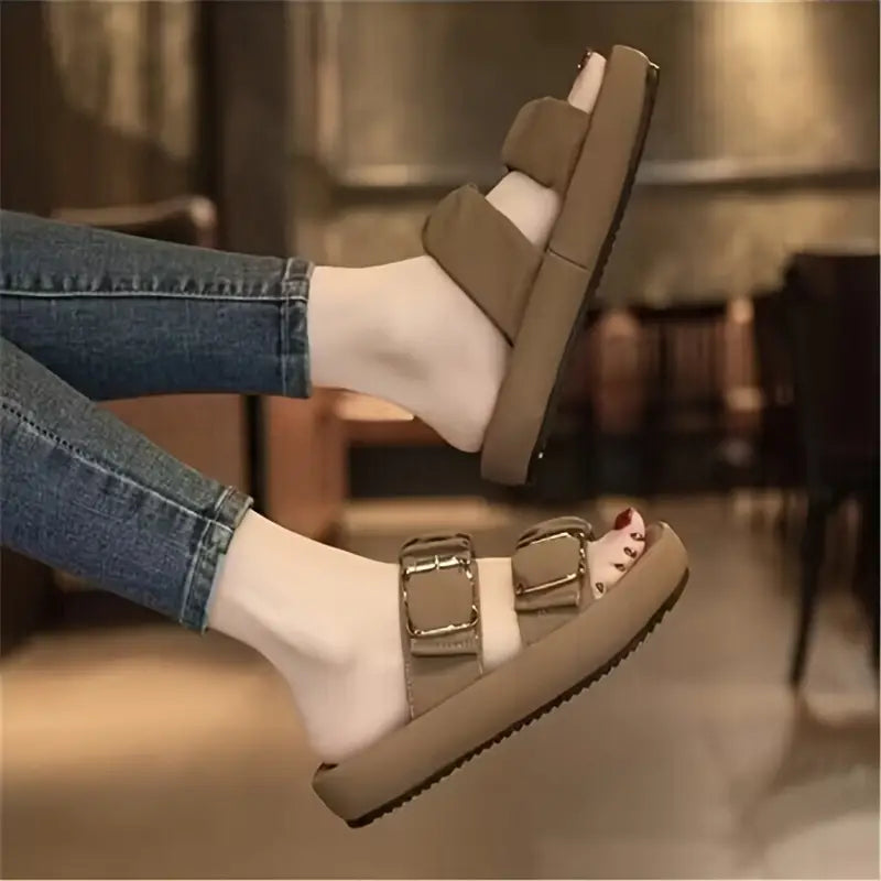 Women's Double Buckle Strap Design Slide Sandals